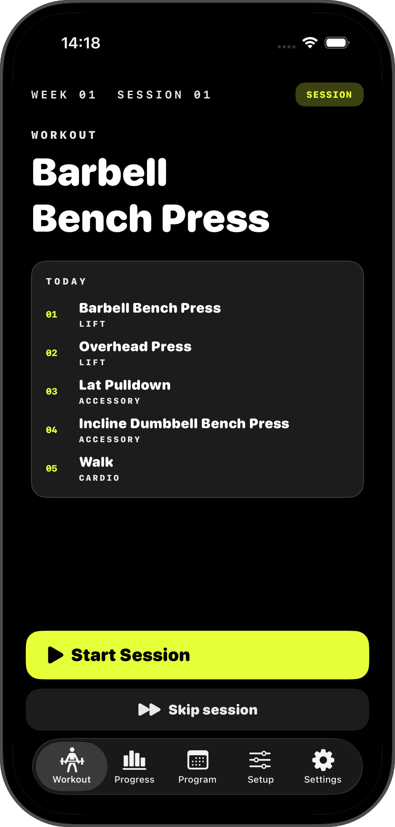 Workout tab showing the next session preview