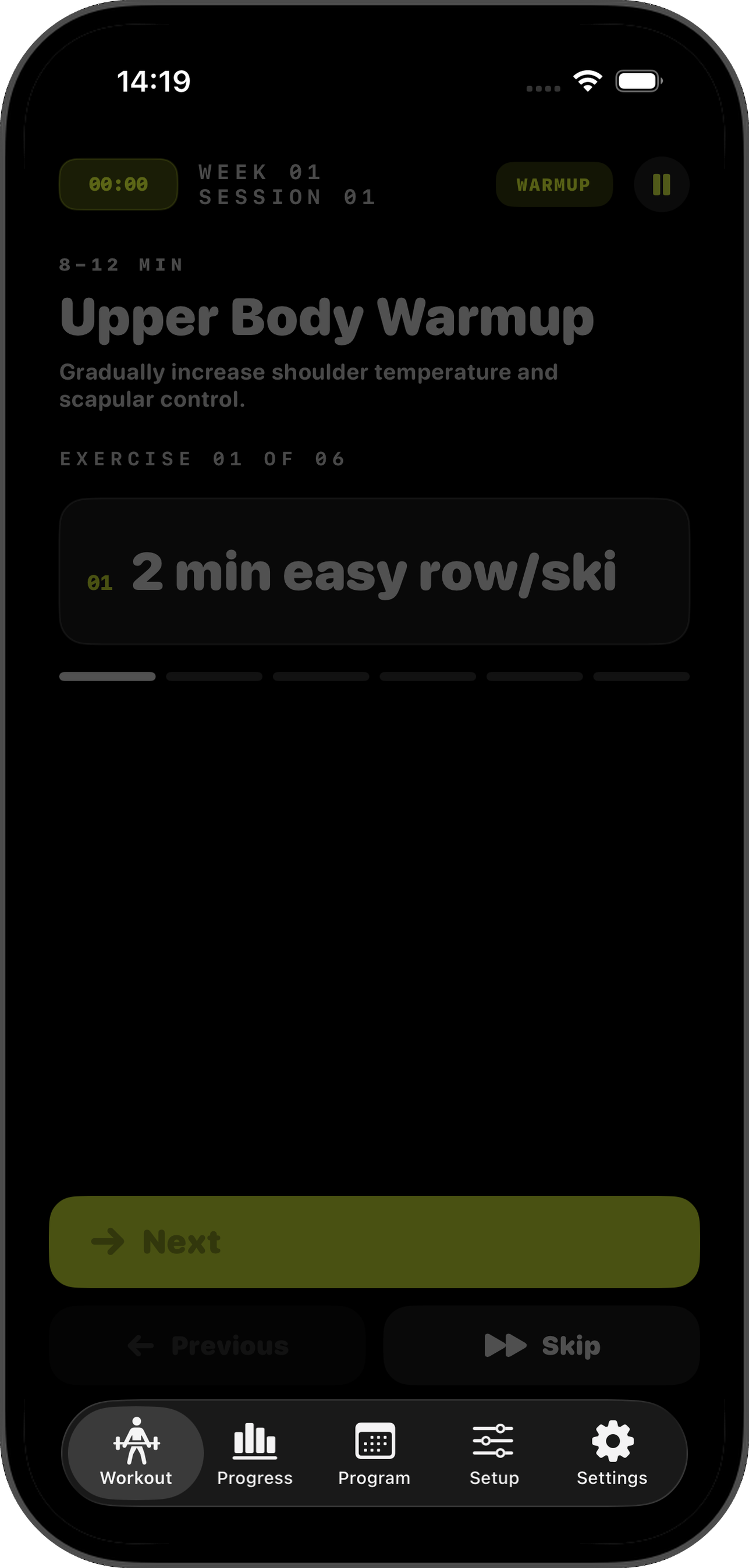 Warmup screen with exercise counter and Next button