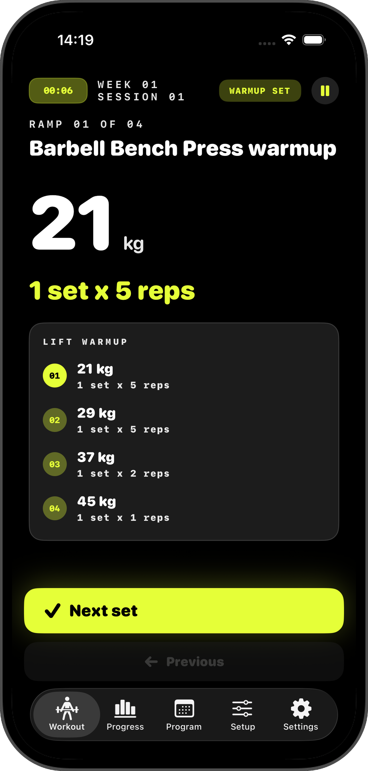 Working Set screen with 54 kg target, RPE 7, and Adjust controls