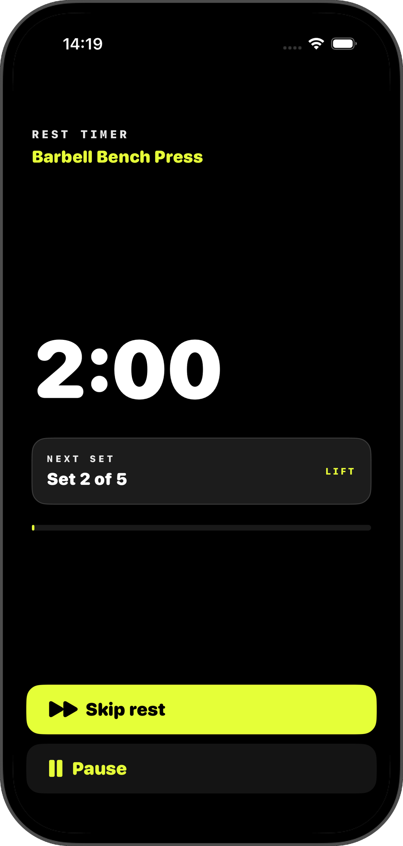 Rest timer counting down 1:59 with the next set preview