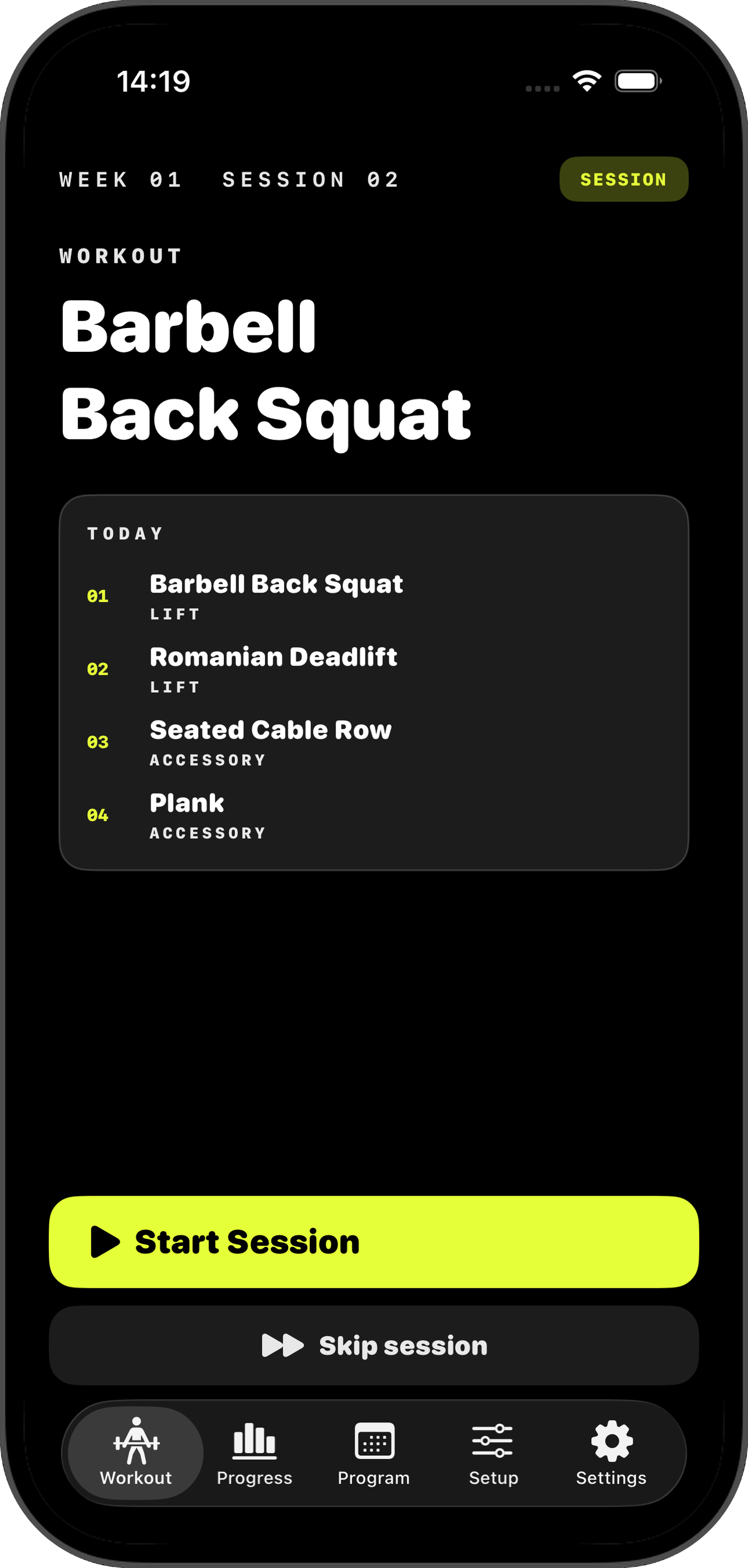 Recovery day screen with Rest complete and Skip session buttons