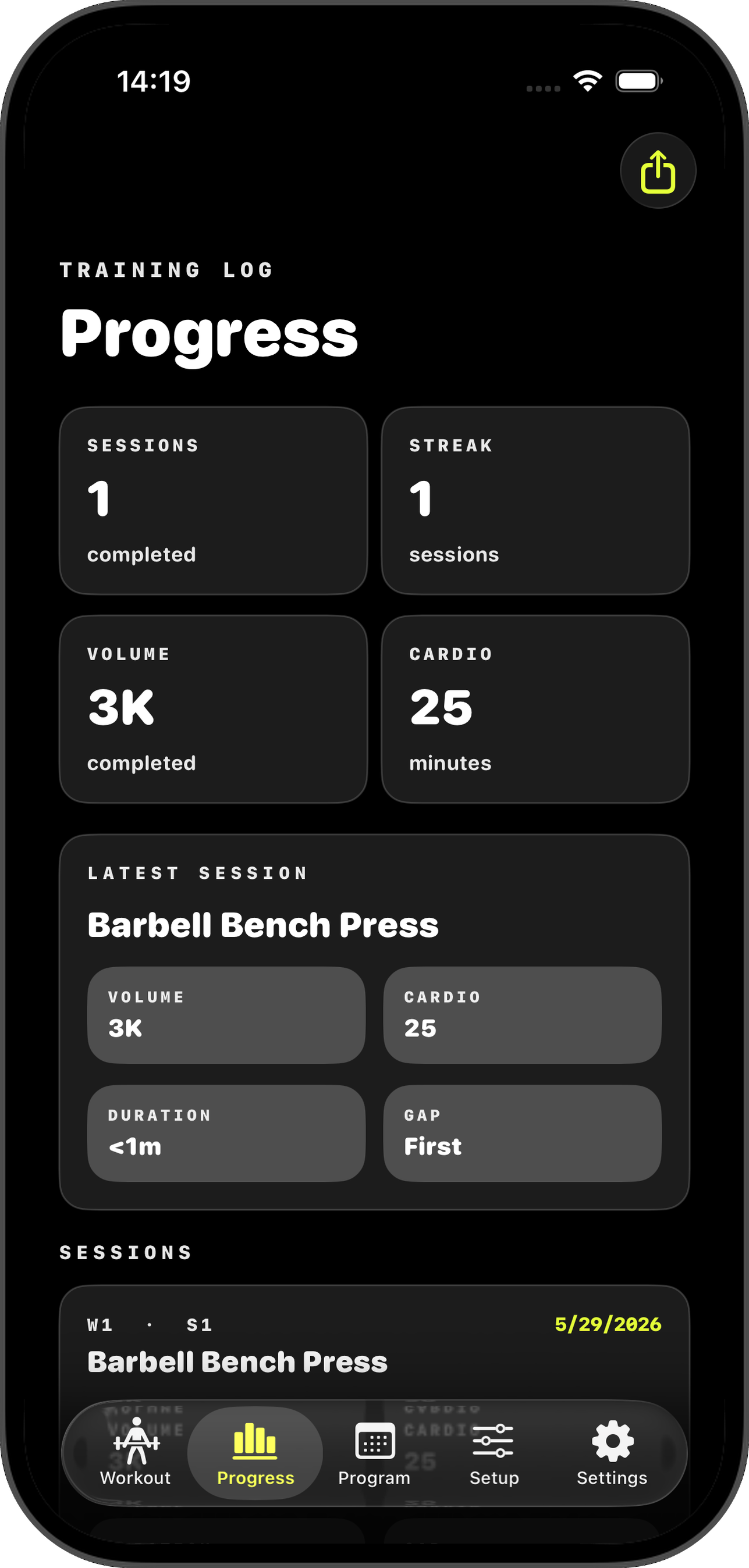 Progress tab with sessions, streak, volume, cardio, and latest session card