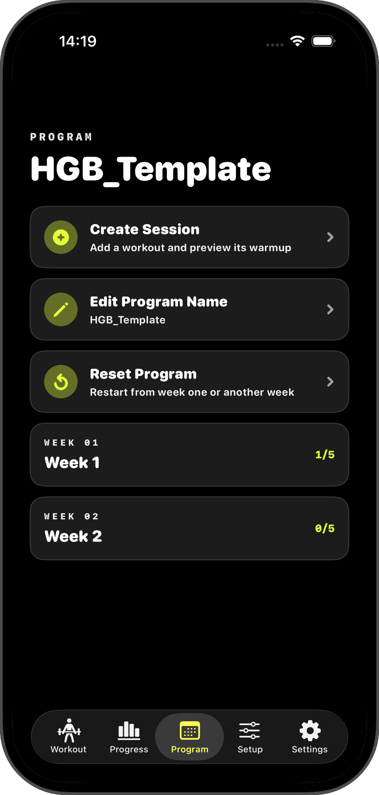 Program tab showing the current program detail