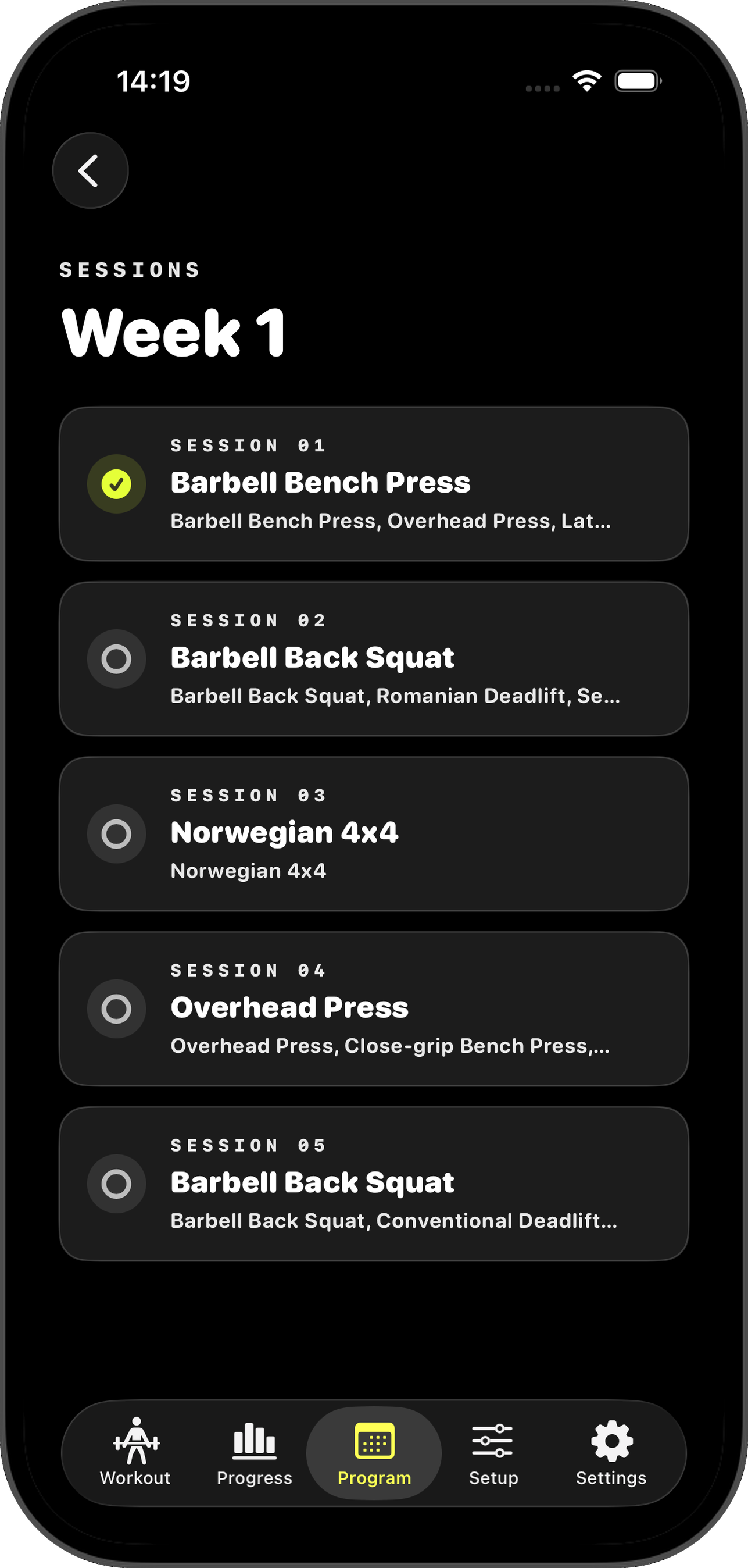 Week 1 sessions list with status icons and workout previews