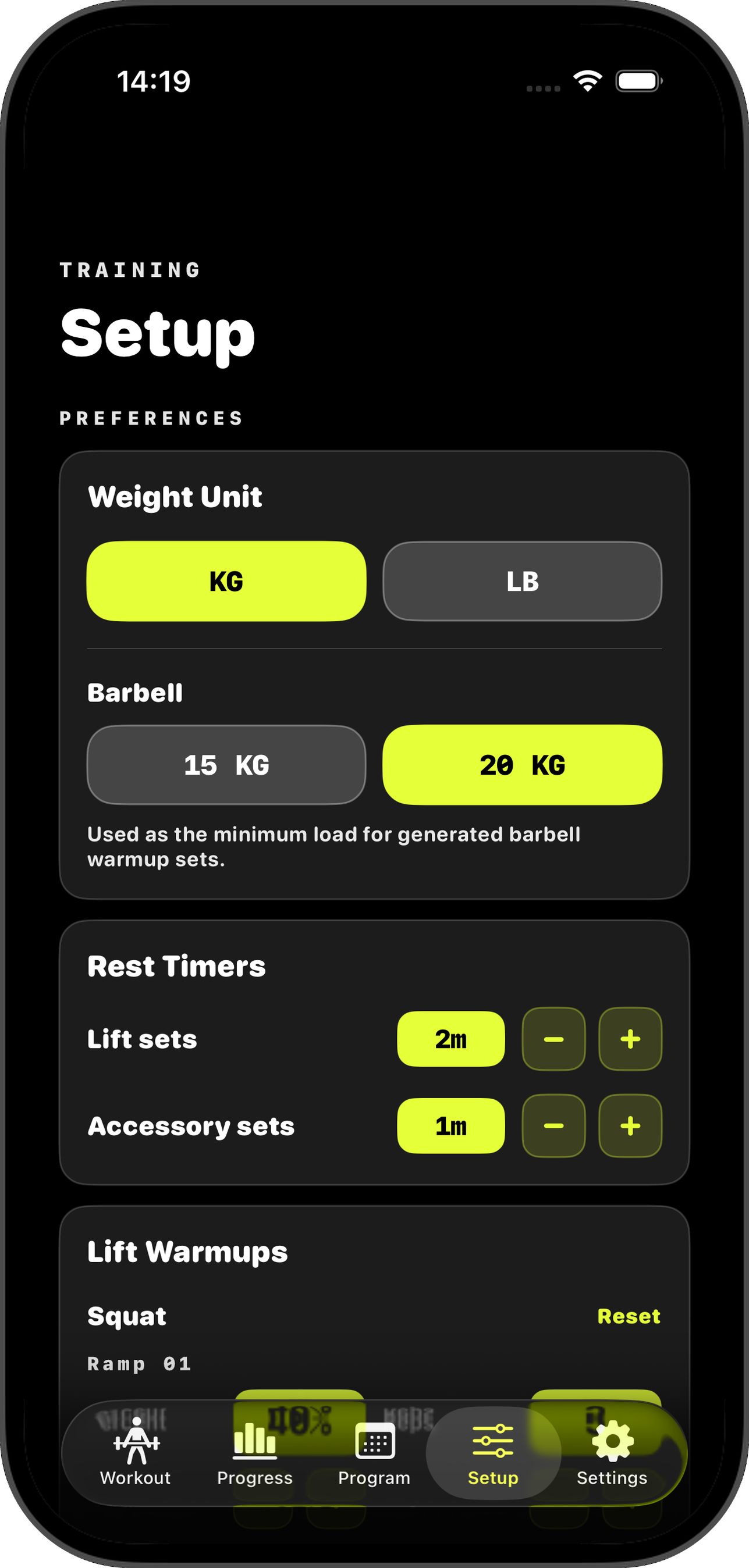 Setup tab with weight unit, barbell, and rest timers controls