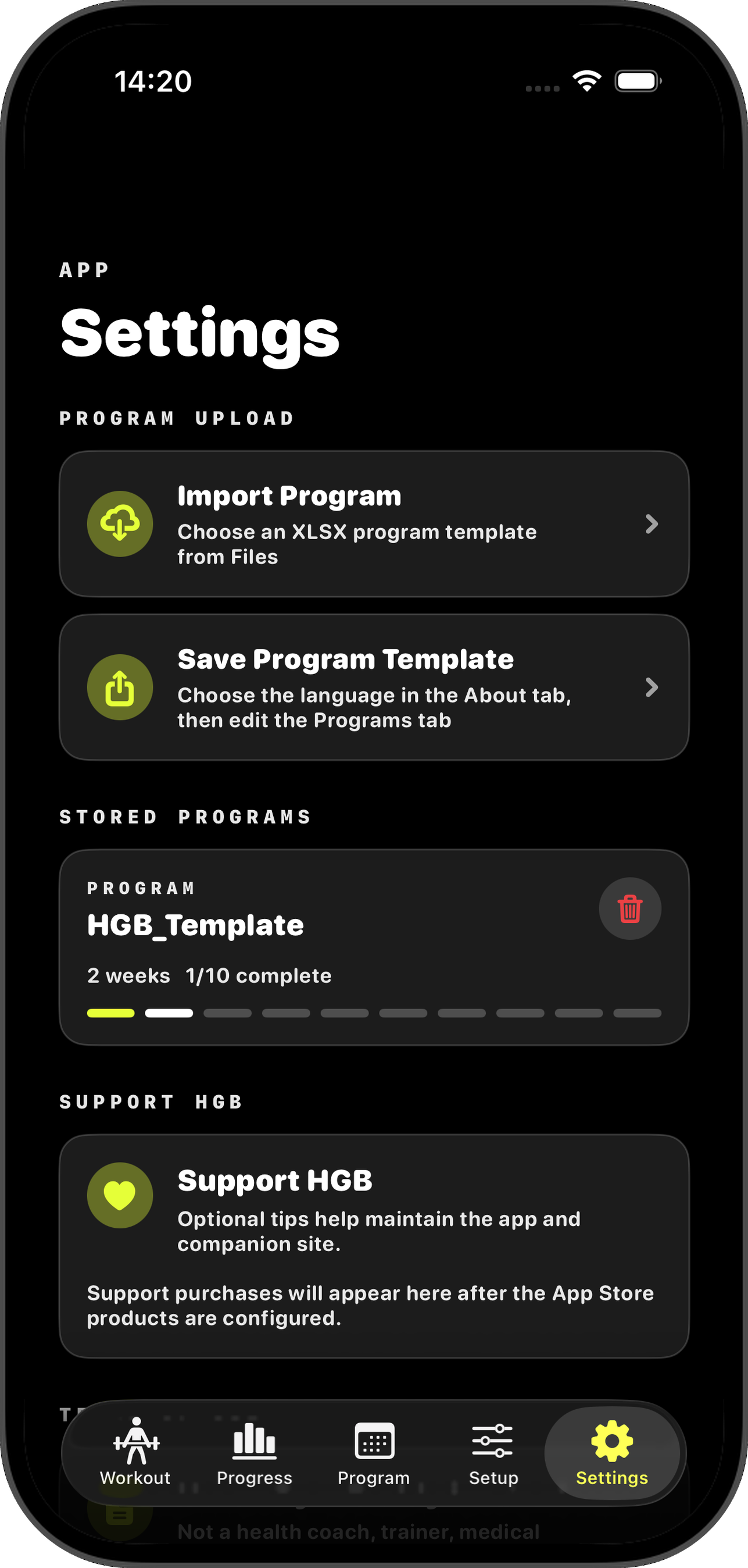Settings tab with Import, Save, Stored Programs and Support HGB sections