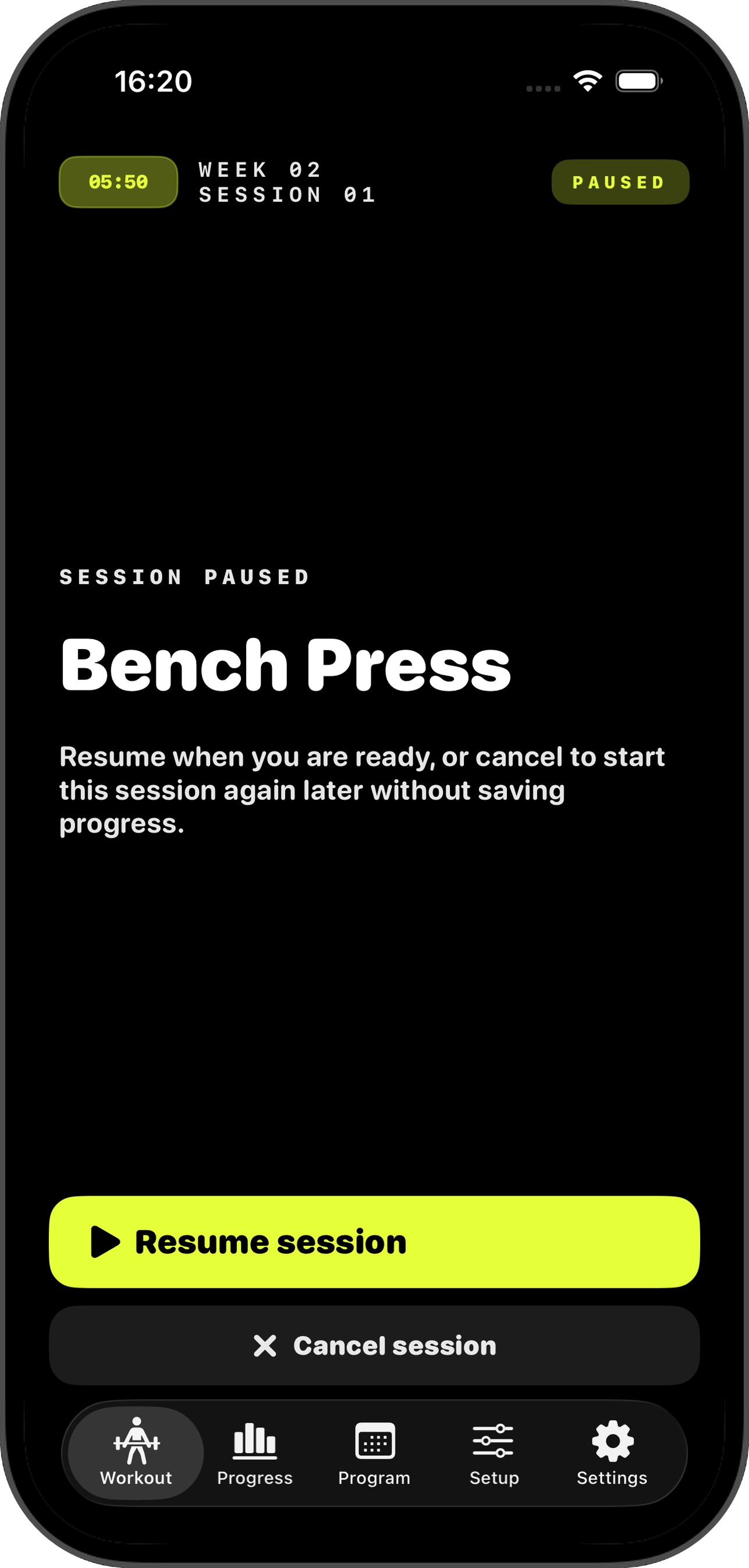 Paused session screen with Resume and Cancel actions