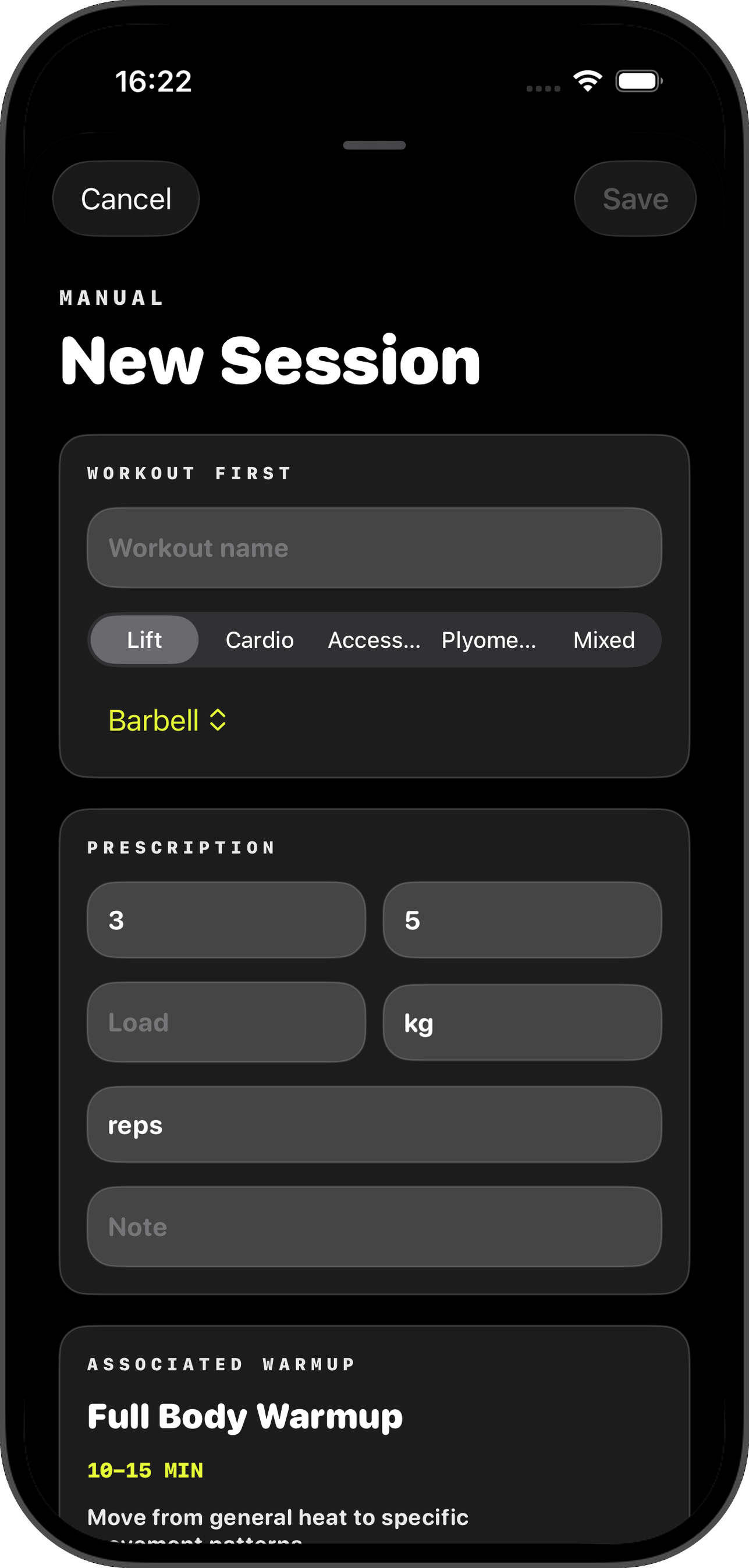 Manual New Session editor with Workout First and Prescription fields