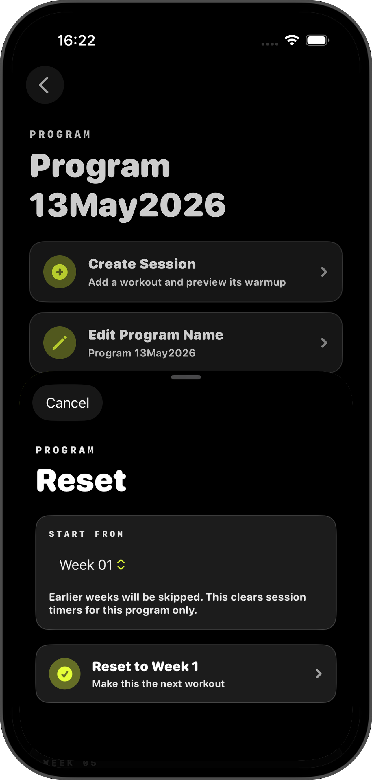 Reset program sheet with Start From week picker and Reset to Week 1 button