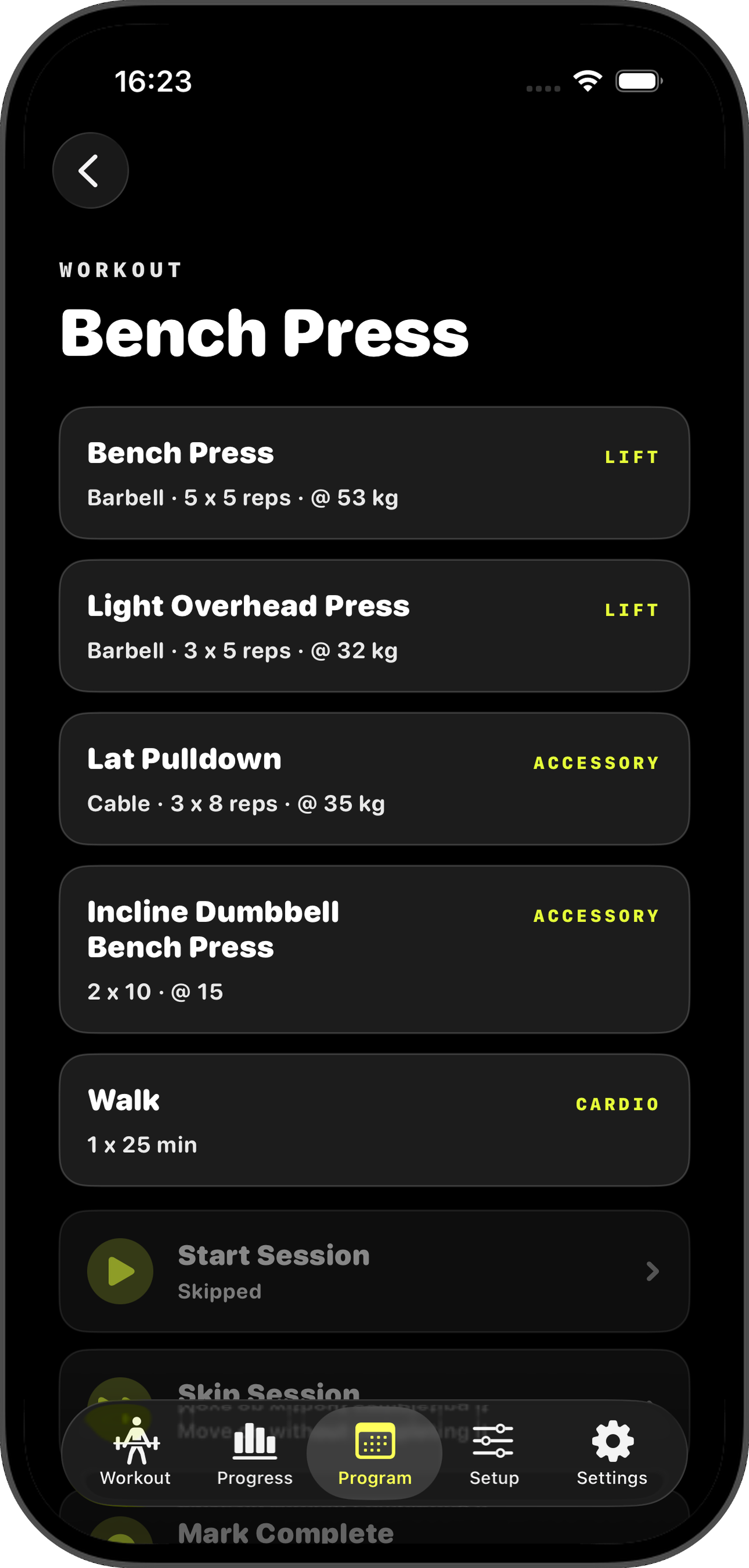 Session detail showing every workout item with prescription, load, and notes