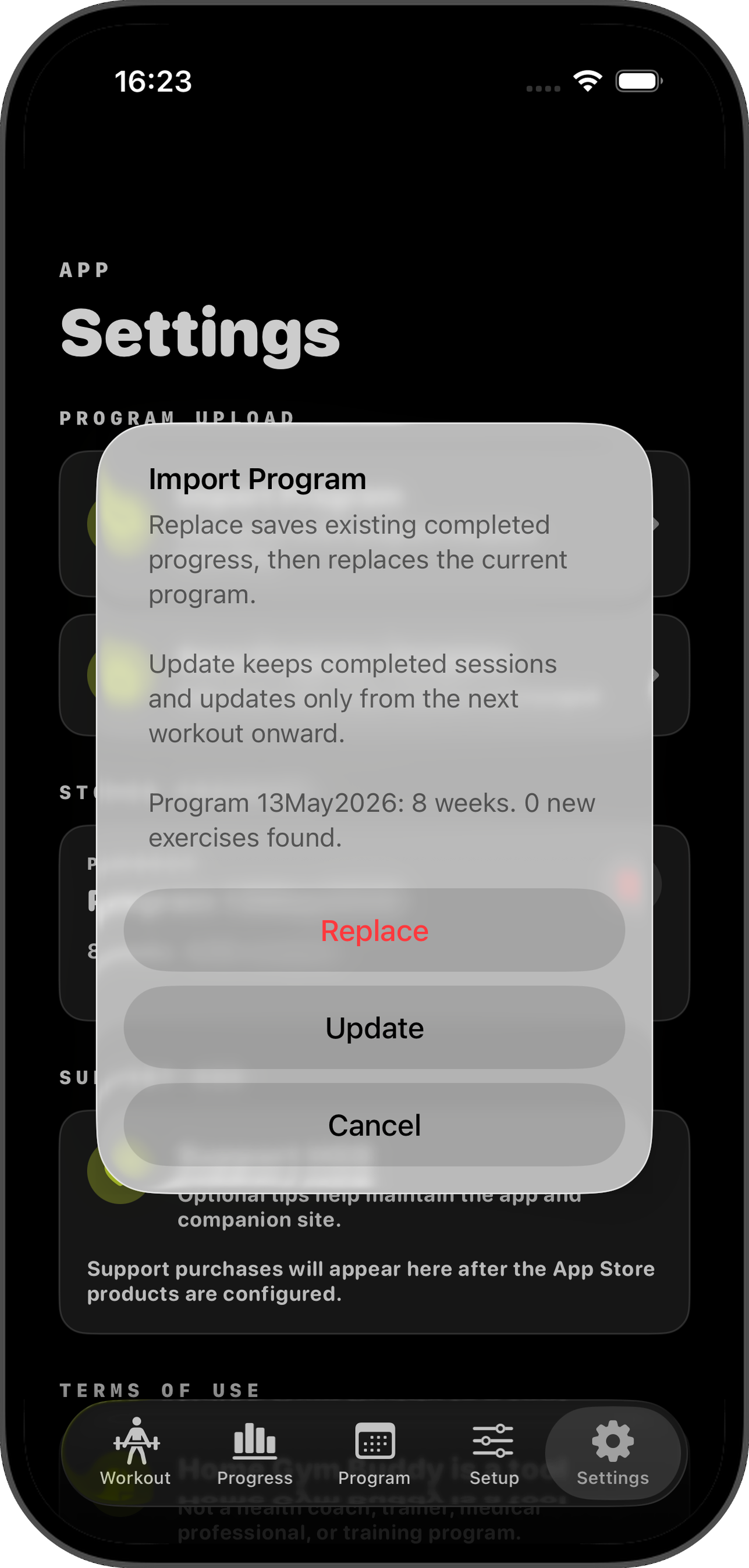 Import Program prompt with Replace, Update, and Cancel options