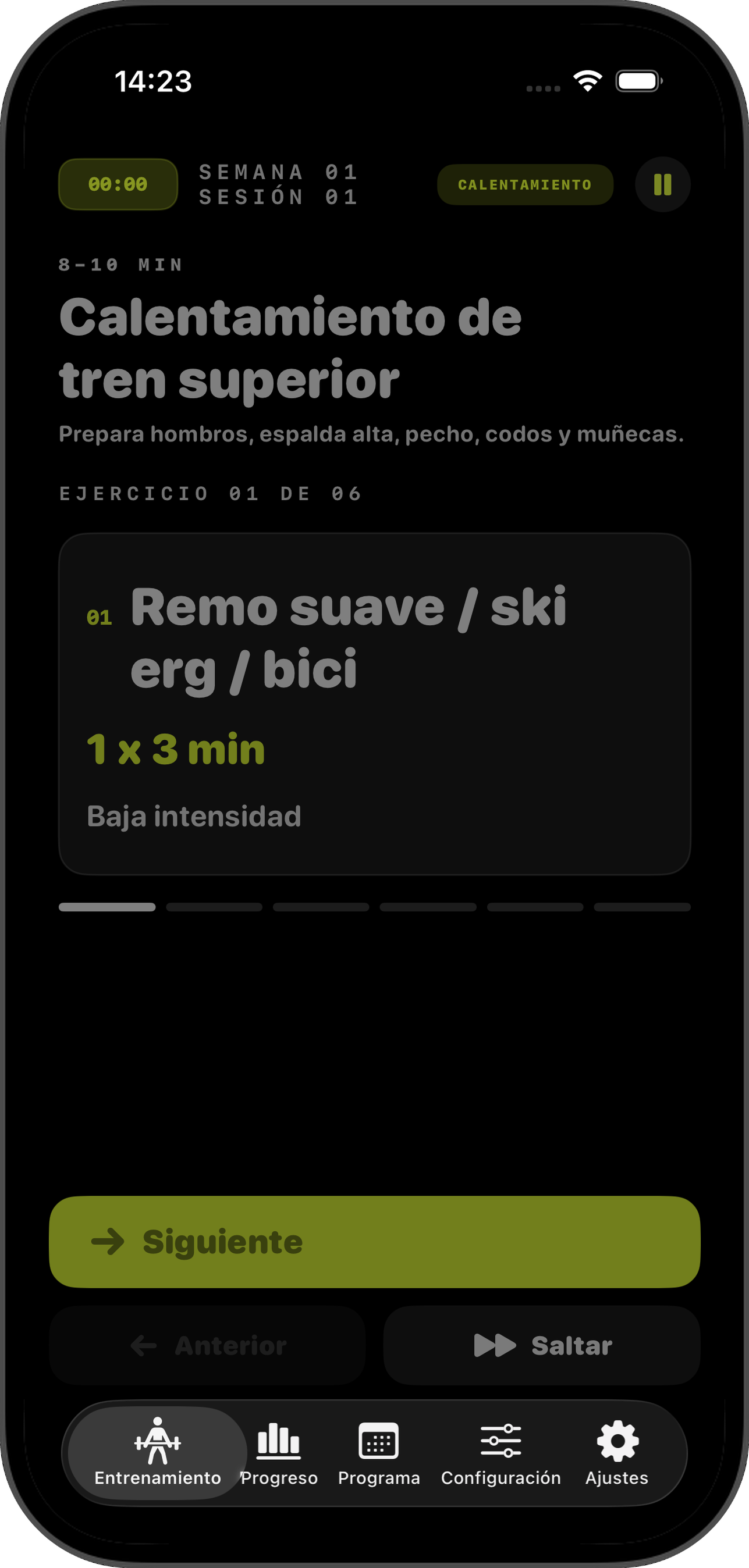 Pantalla de calentamiento con contador de ejercicios y botón Next