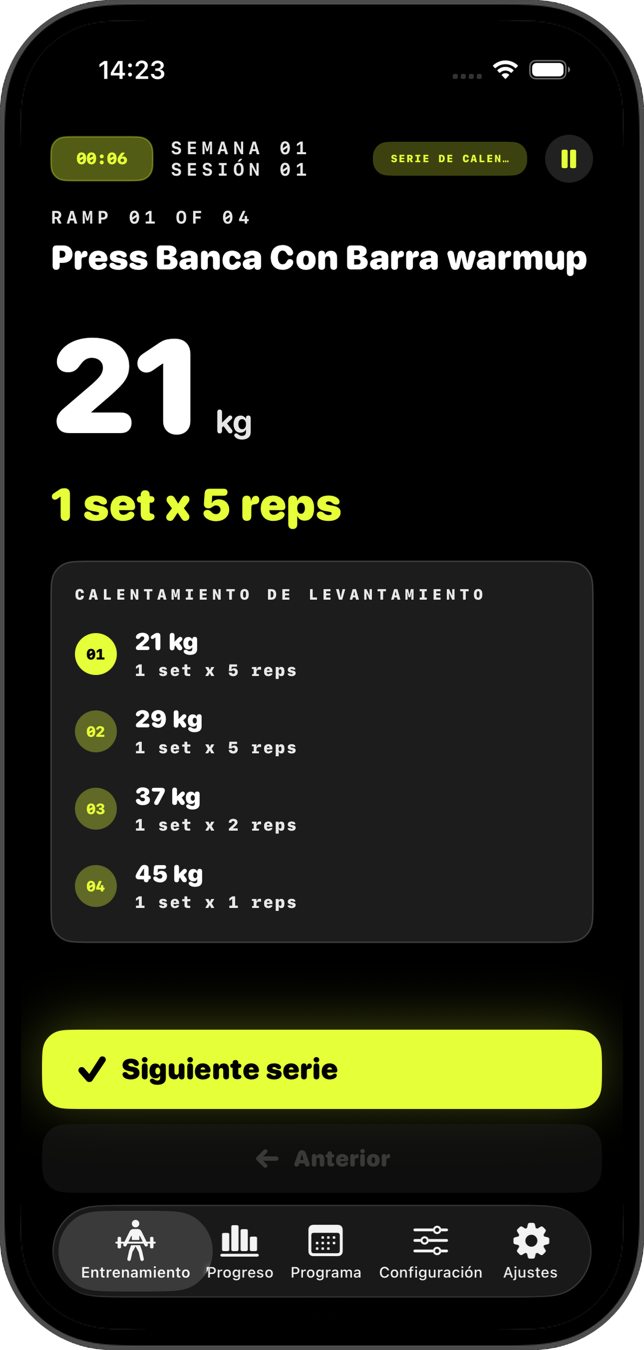 Pantalla Working Set con objetivo 54 kg, RPE 7 y controles Adjust