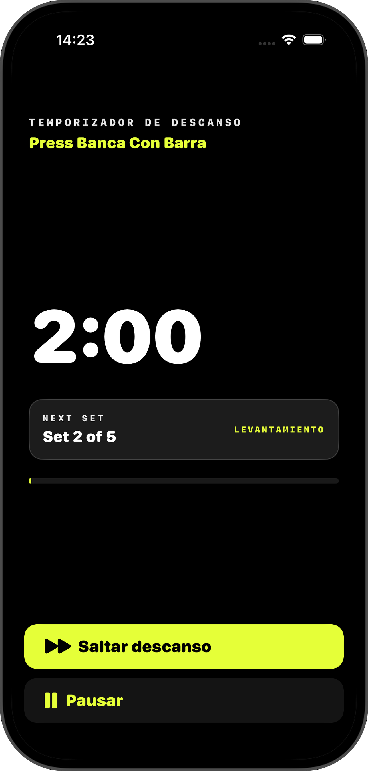 Temporizador de descanso contando 1:59 con vista previa de la siguiente serie