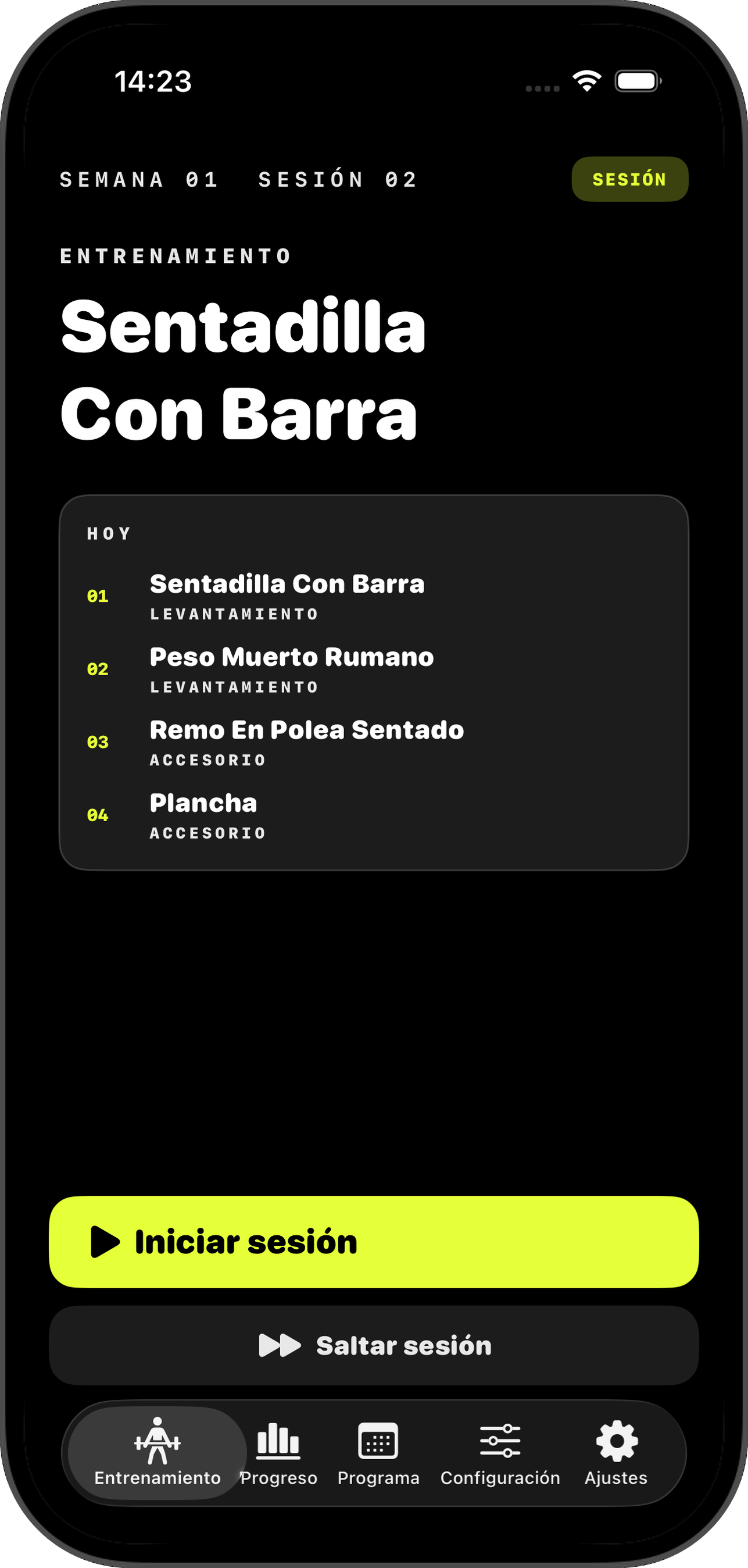 Pantalla de día de descanso con botones Rest complete y Skip session
