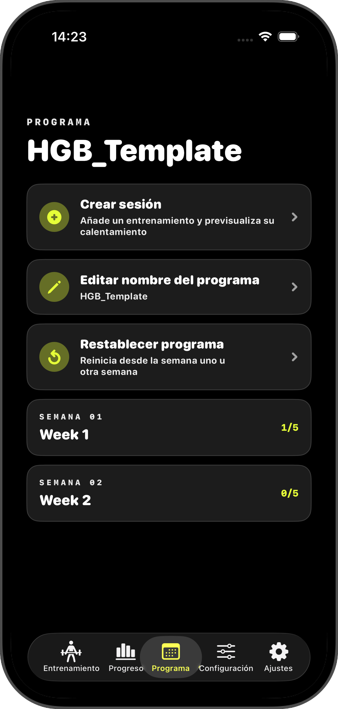 Pestaña Program con el detalle del programa actual