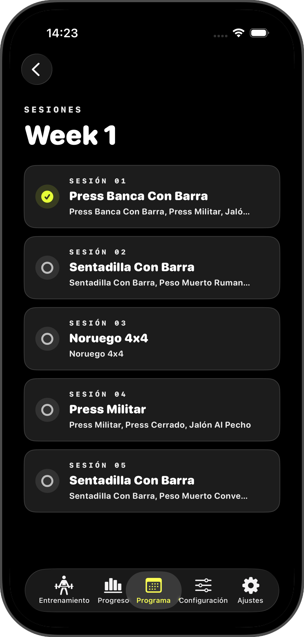 Lista de sesiones de la semana 1 con iconos de estado y vistas previas