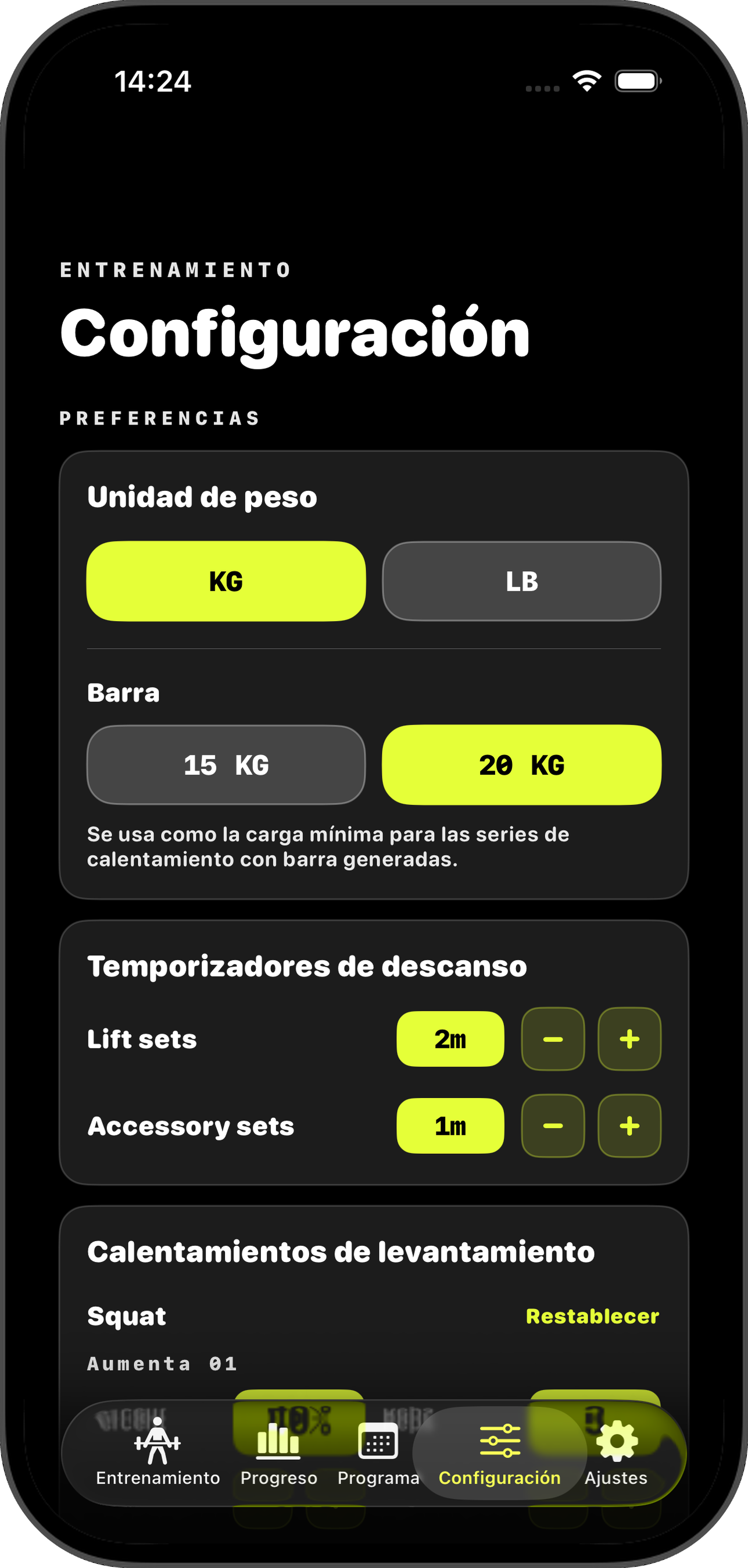 Pestaña Setup con controles de unidad, barra y temporizadores de descanso