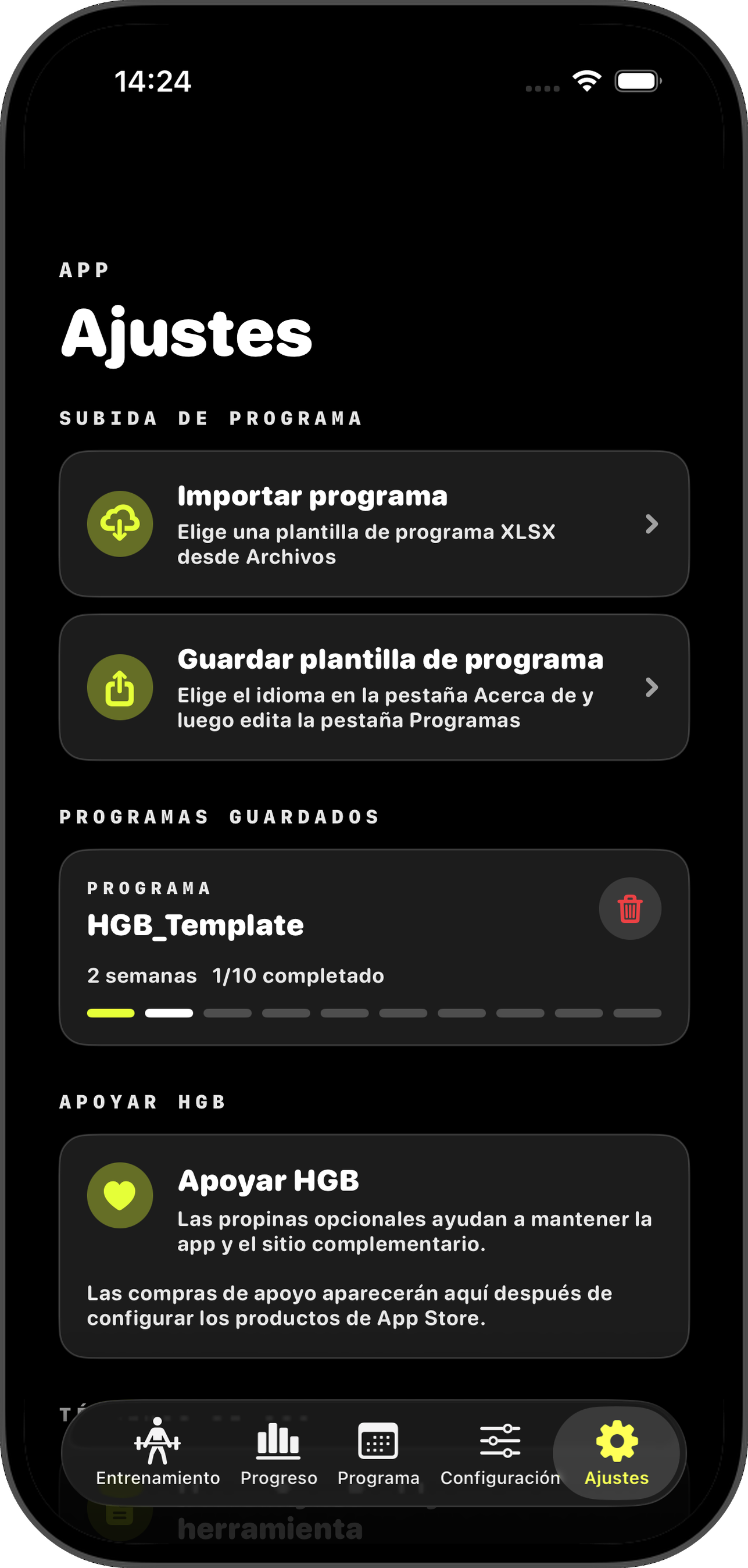 Pestaña Settings con secciones Import, Save, Stored Programs y Support HGB