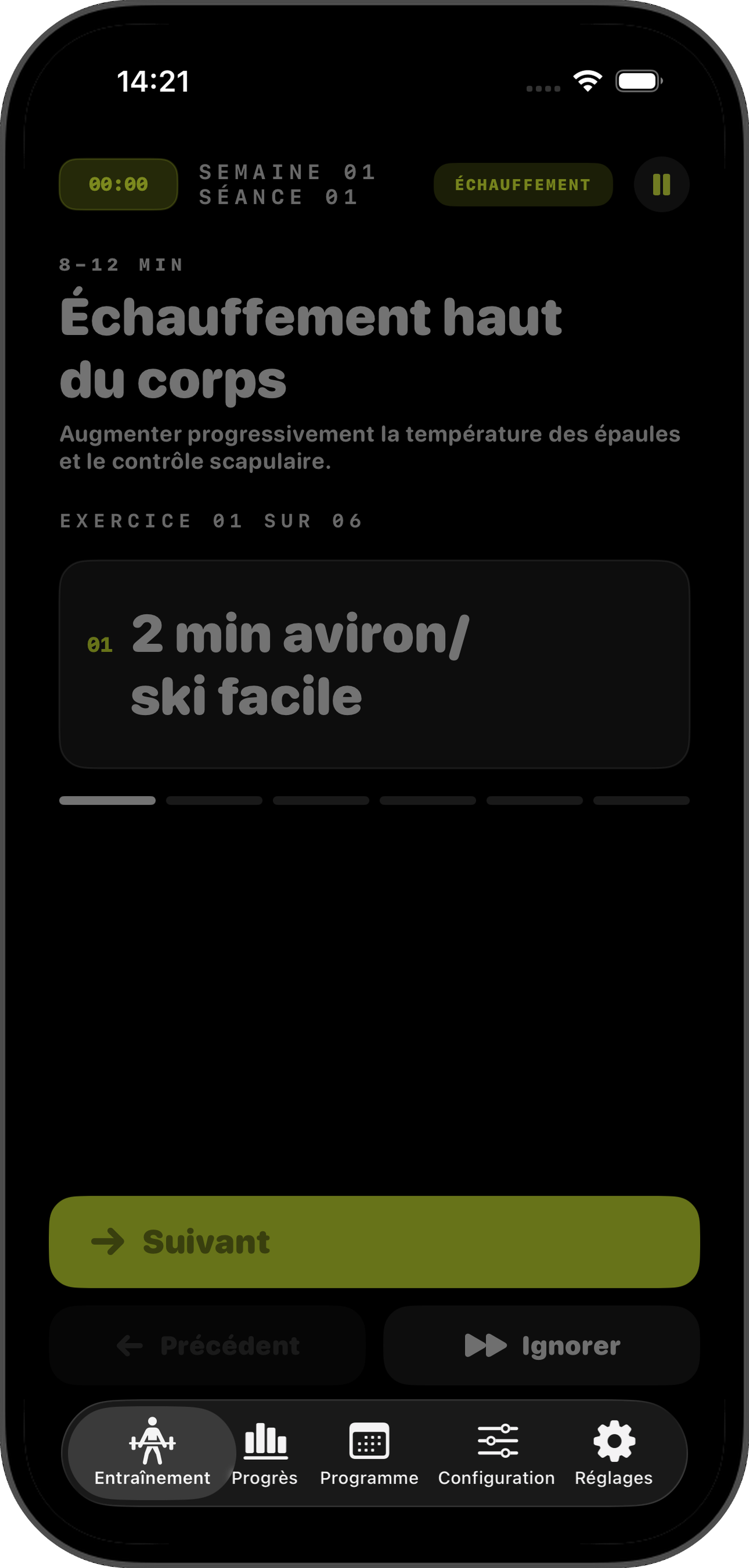 Écran d'échauffement avec compteur d'exercices et bouton Next