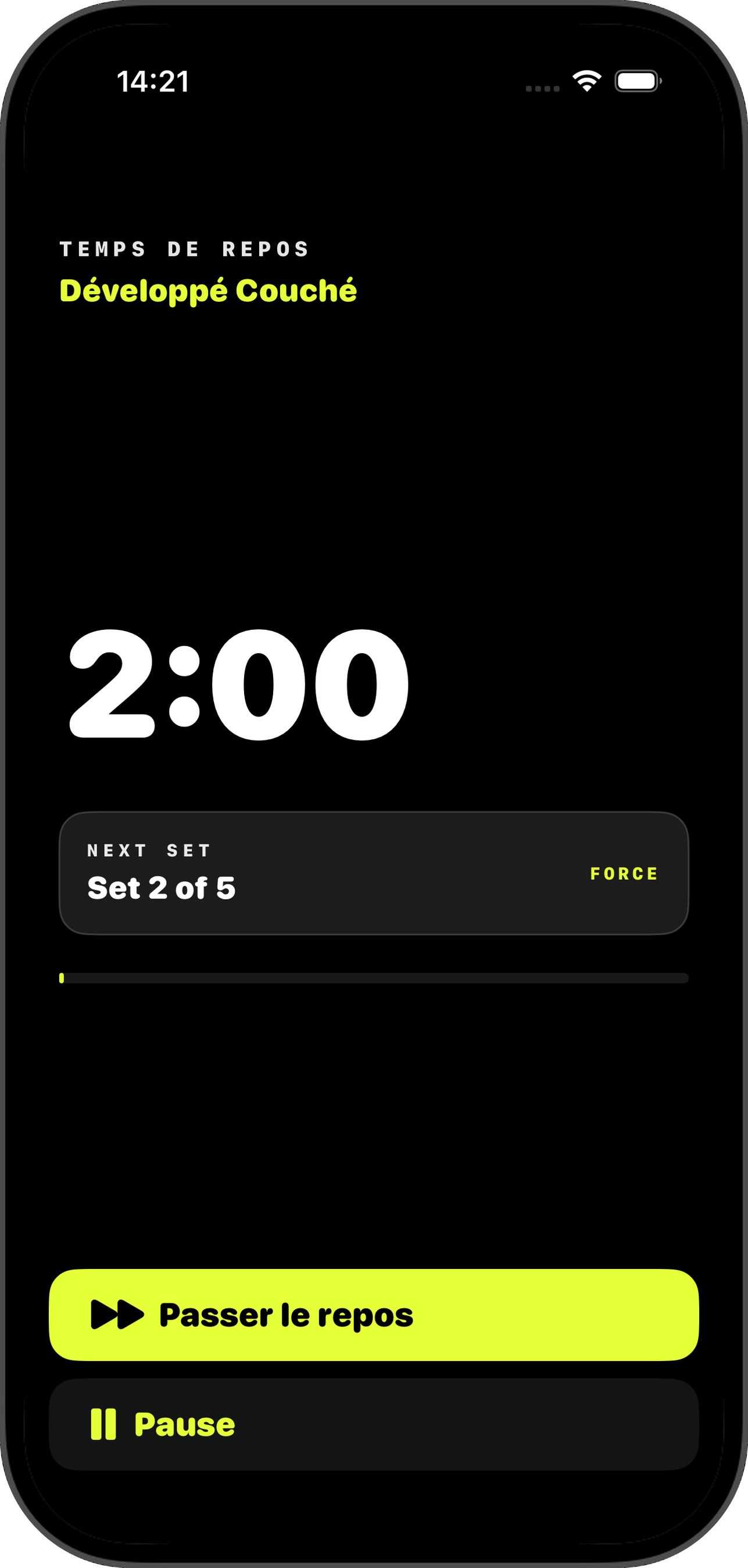 Minuteur de repos comptant 1:59 avec l'aperçu de la série suivante