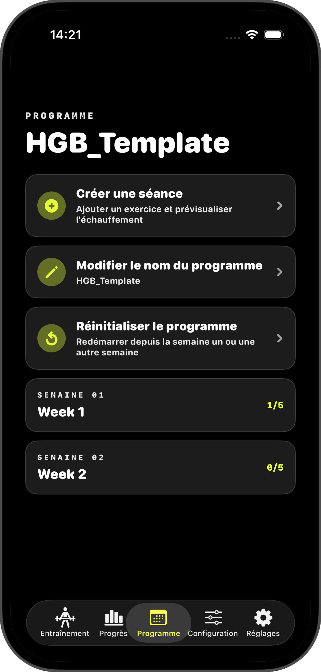 Onglet Program avec le détail du programme actuel