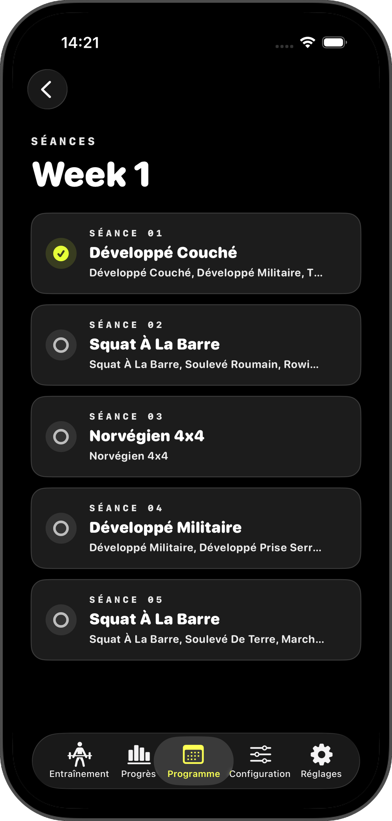 Liste des séances de la semaine 1 avec icônes d'état et aperçus