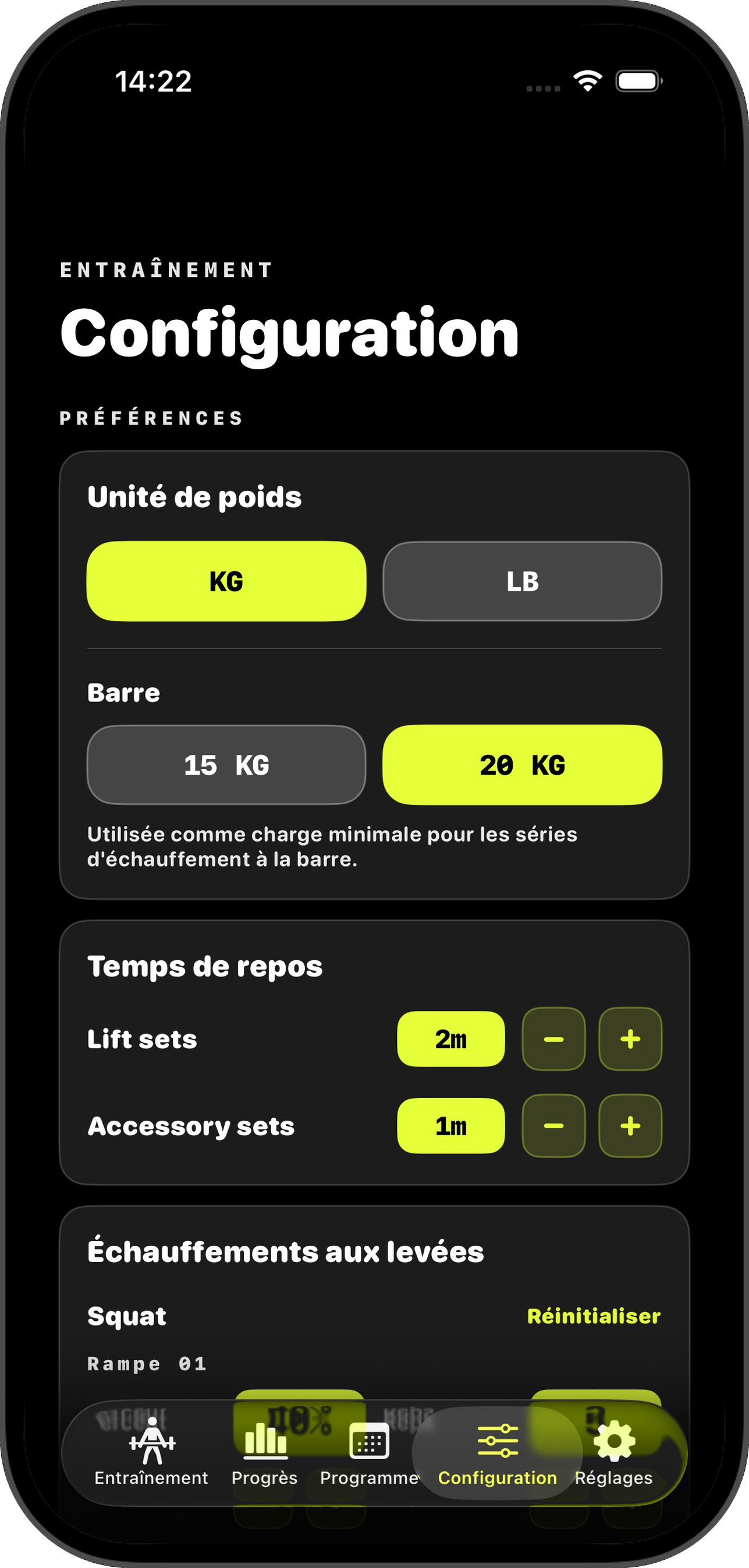 Onglet Setup avec contrôles unité, barre et minuteurs de repos