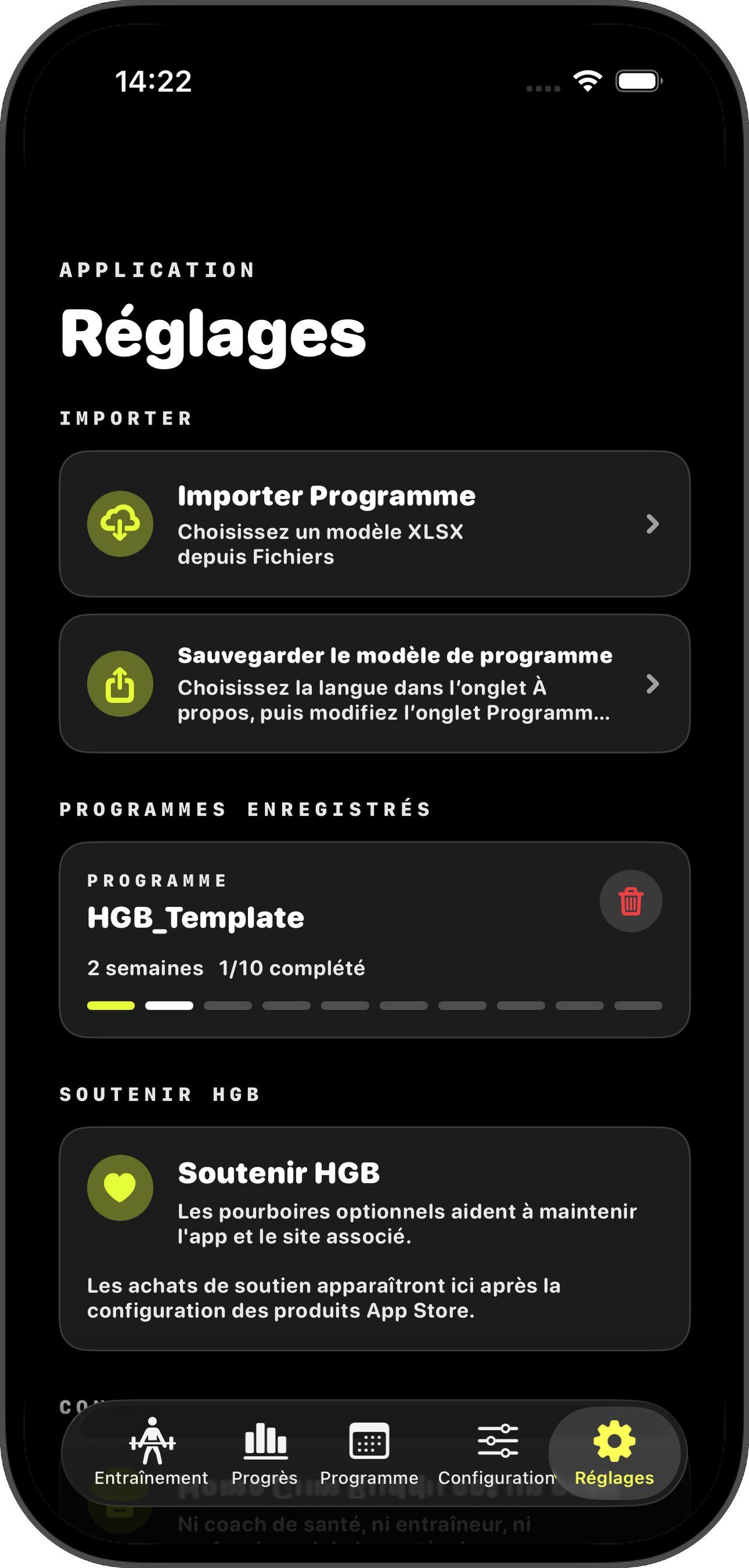Onglet Settings avec sections Import, Save, Stored Programs et Support HGB