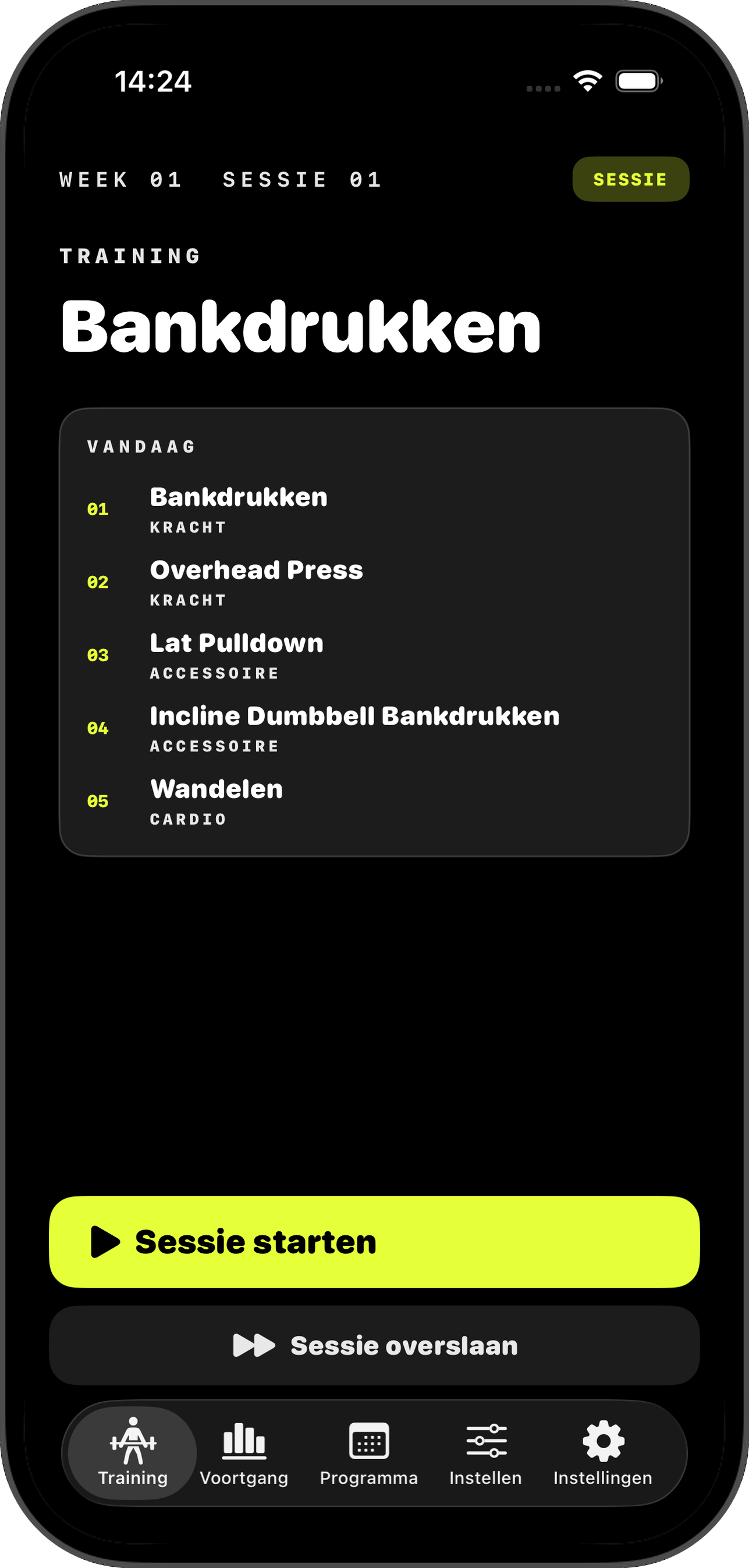Workout-tab met voorvertoning van de volgende sessie