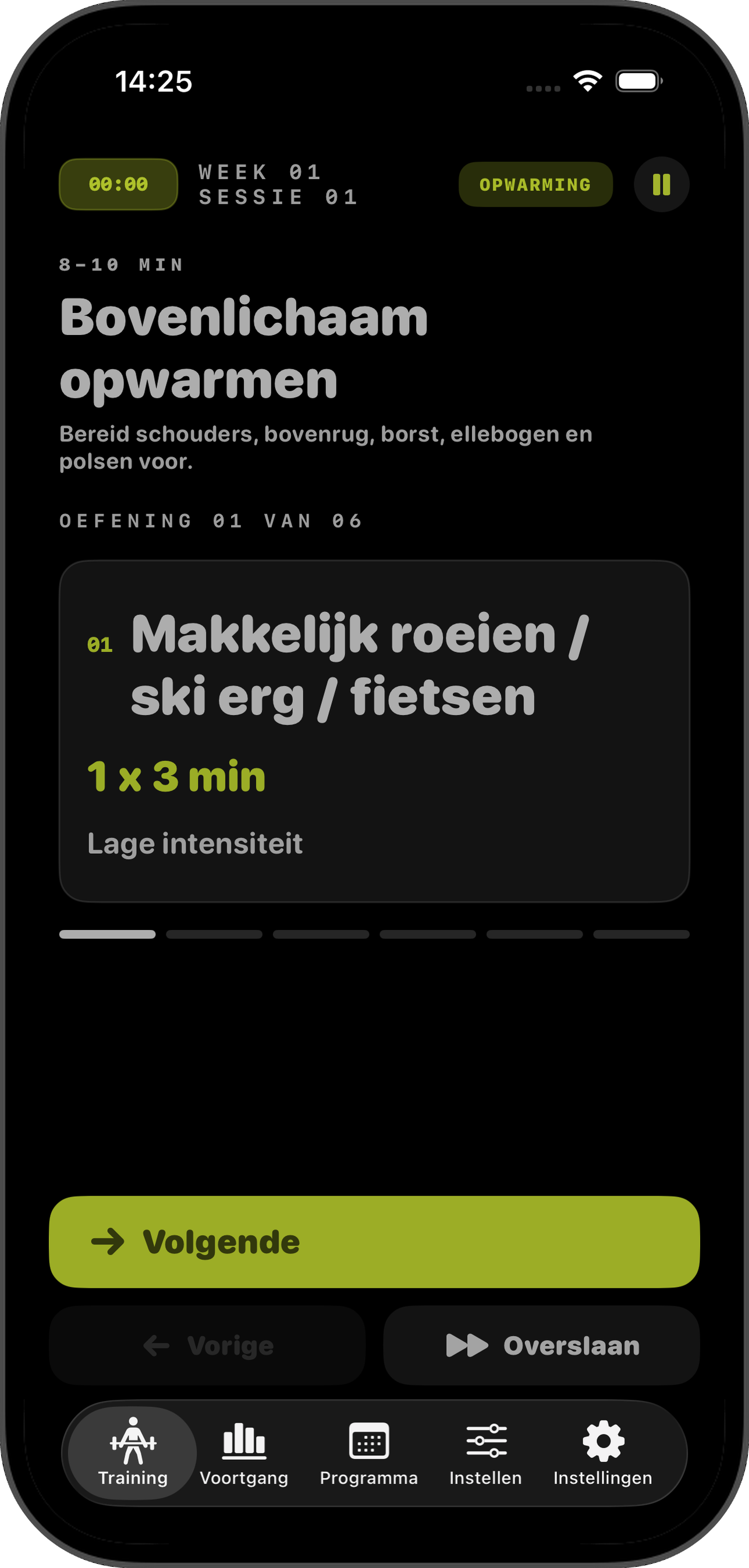 Warming-upscherm met oefenteller en Next-knop