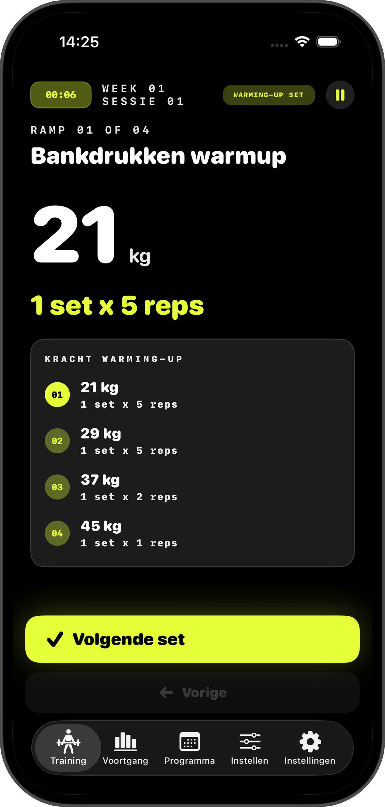 Working Set-scherm met doel 54 kg, RPE 7 en Adjust-knoppen