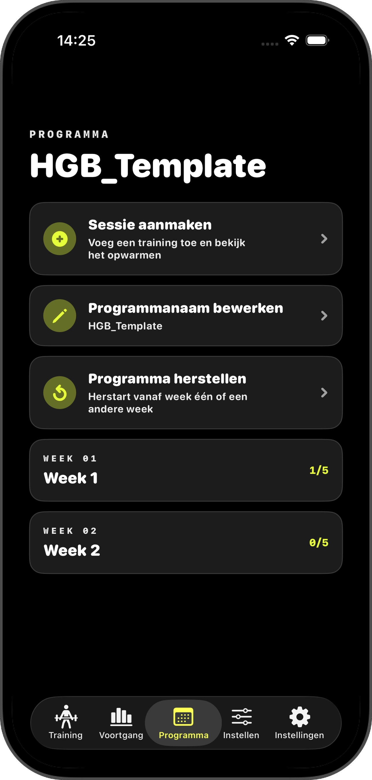Program-tab met het detail van het huidige programma