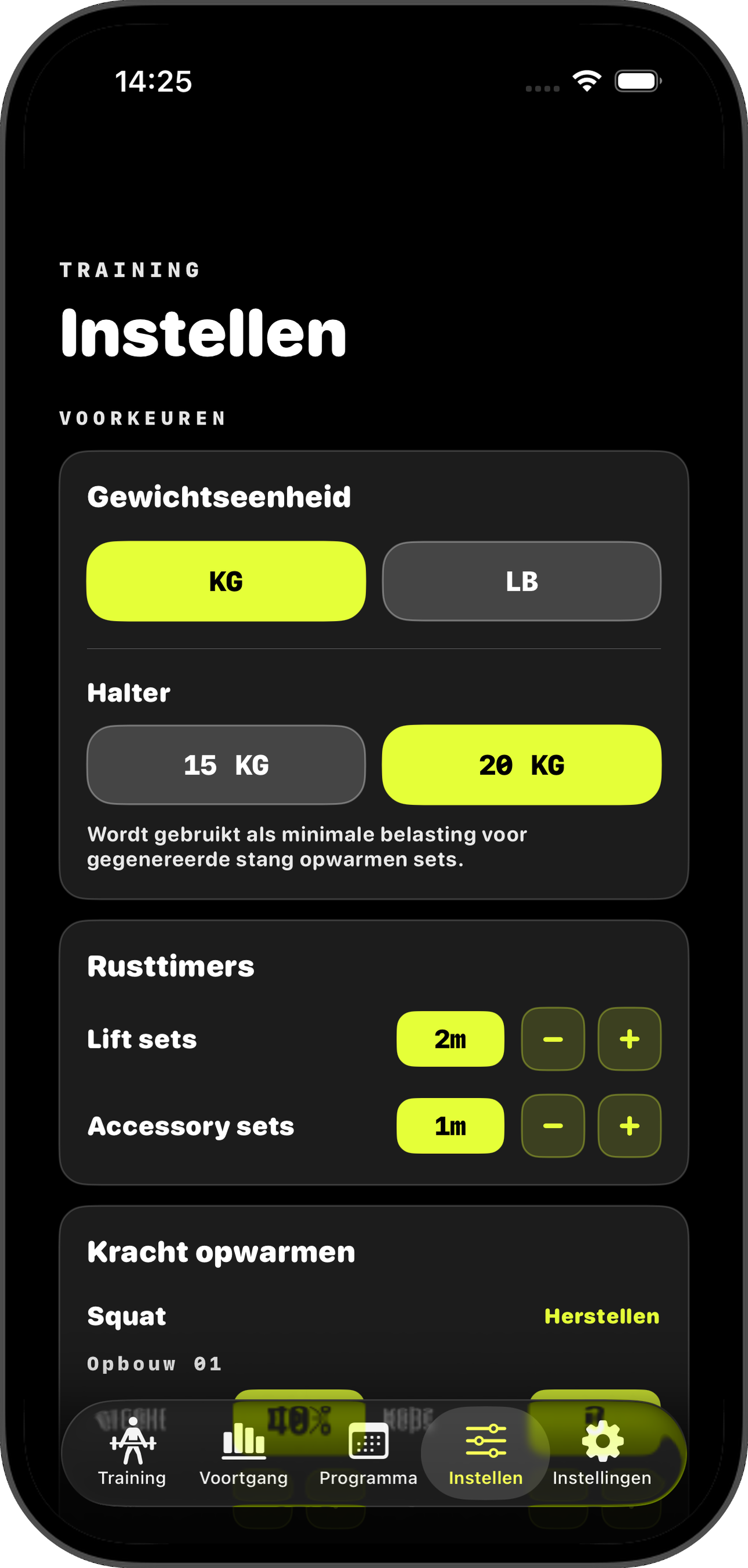 Setup-tab met regelaars voor eenheid, halterstang en rusttimers