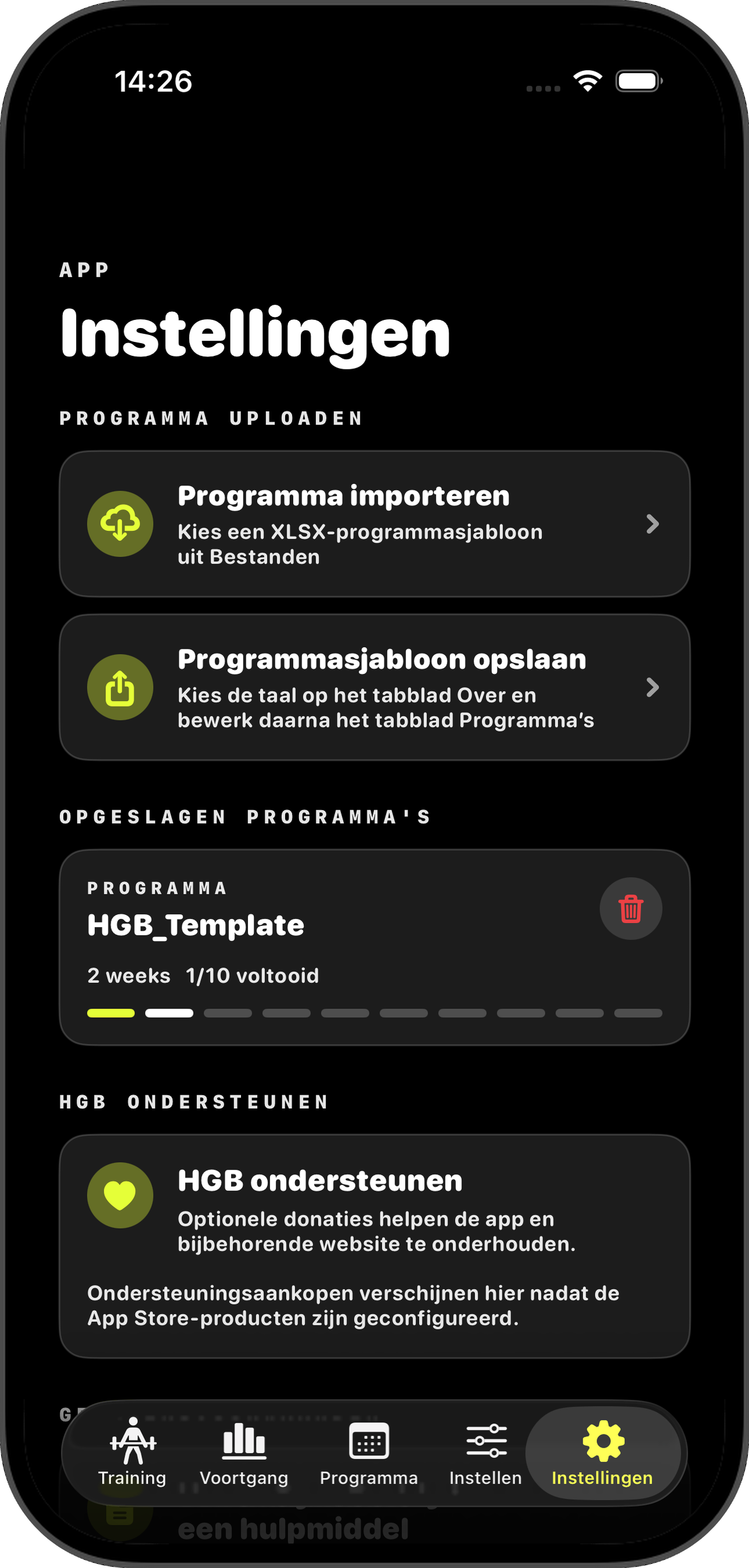 Settings-tab met secties Import, Save, Stored Programs en Support HGB