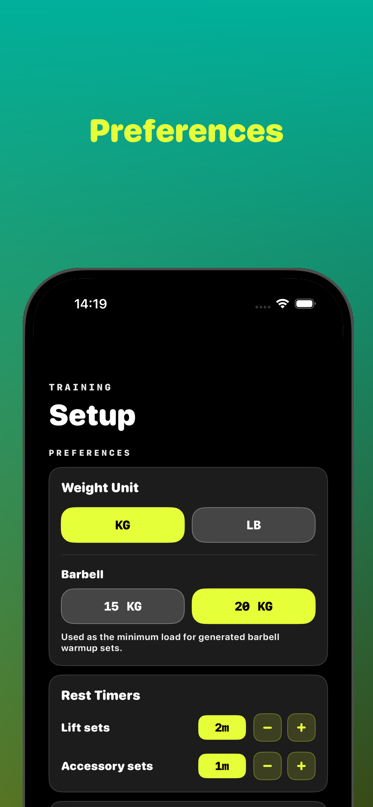 Setup preferences for units, barbell weight, and rest timers