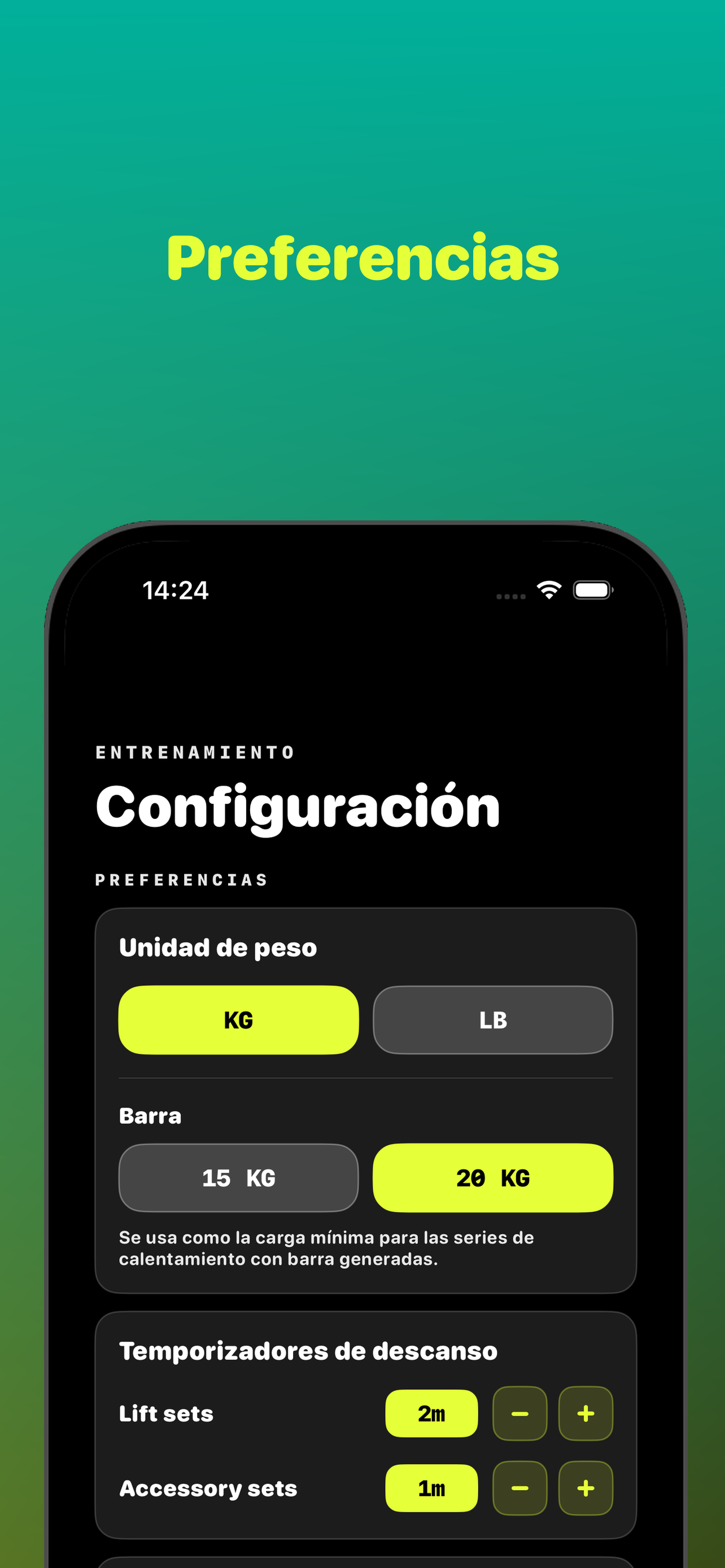 Preferencias de unidades, barra y temporizadores de descanso