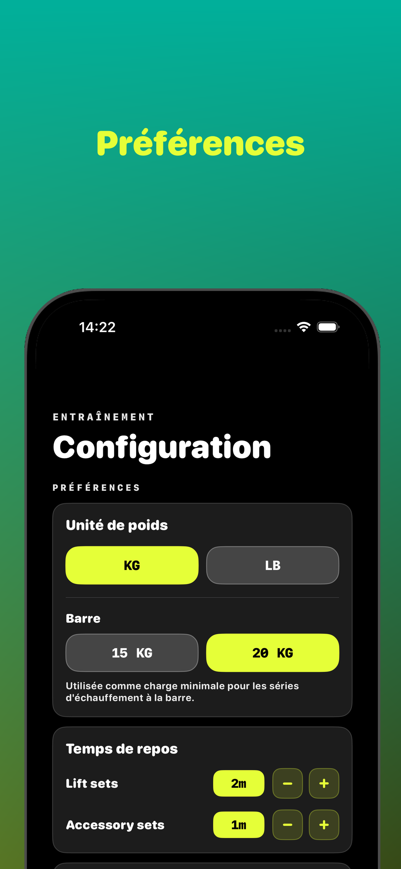 Préférences pour les unités, la barre et les minuteurs de repos