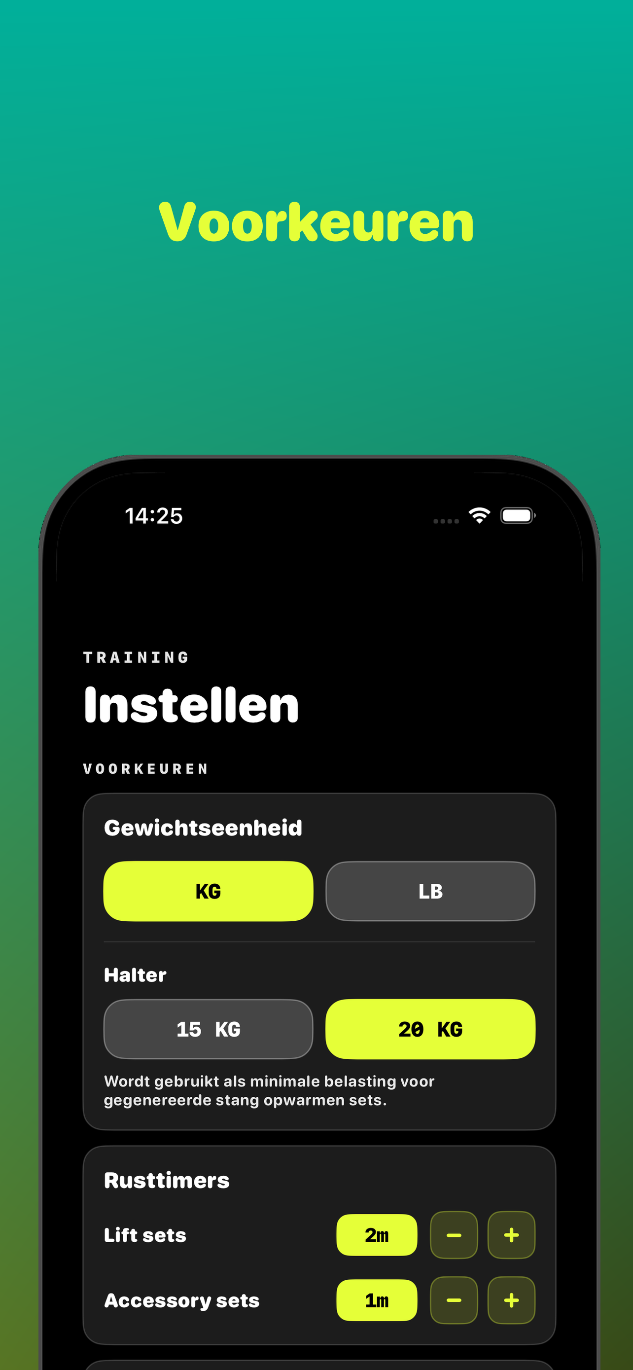 Voorkeuren voor eenheden, halterstang en rusttimers